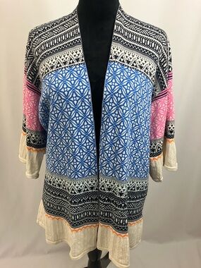 H&M L.O.G.G Blue, Pink and Cream Bohemian Patterned Cardigan womens size medium